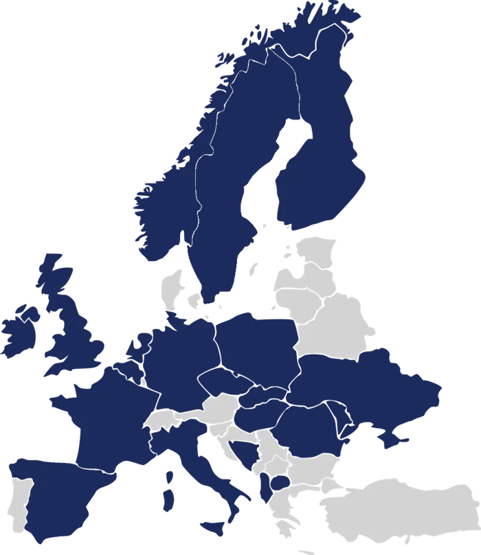 Map of Europe highlighting countries where FEMYSO member organisations operate
